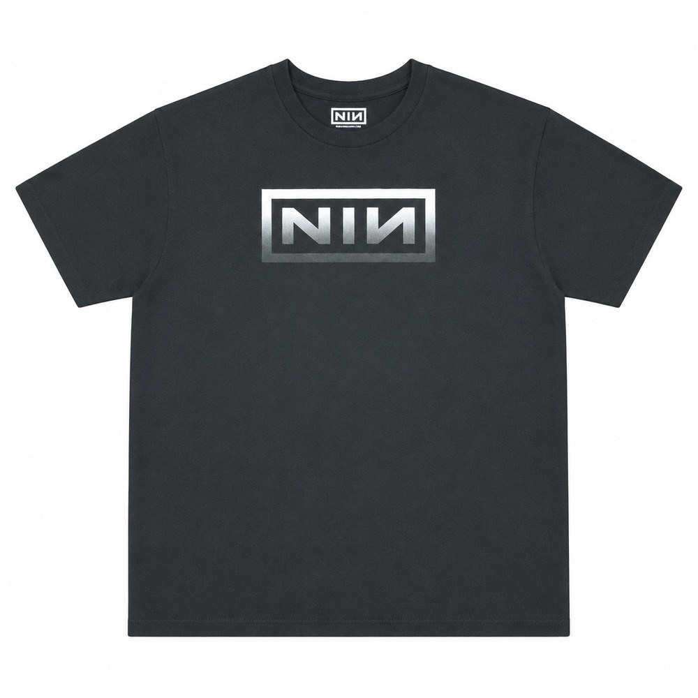 Nine Inch Nails NIN Silver Gradient Box Logo T-Shirt Mens Charcoal Black New